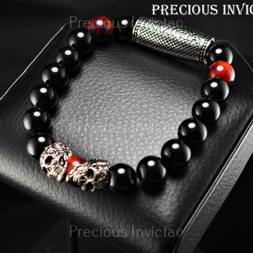 NEW Invicta Jewelry Men Dark Red/Silver GENUINE STONE ADJUSTABLE SKULL Bracelet